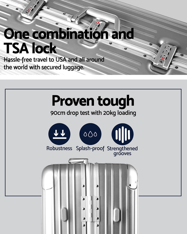 Wanderlite 28" Luggage Trolley Travel Suitcase Set TSA Carry On Lightweight Aluminum Silver