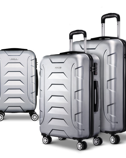 Wanderlite 3pc Luggage Trolley Travel Suitcase Set TSA Hard Case Shell Strap Silver
