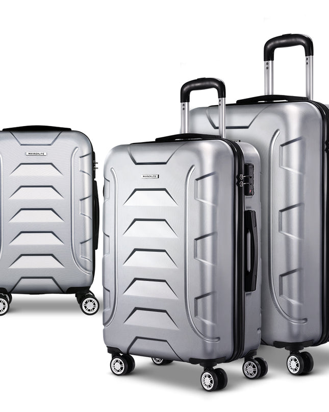 Wanderlite 3pc Luggage Trolley Travel Suitcase Set TSA Hard Case Shell Strap Silver