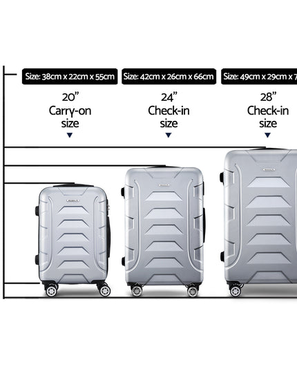 Wanderlite 3pc Luggage Trolley Travel Suitcase Set TSA Hard Case Shell Strap Silver