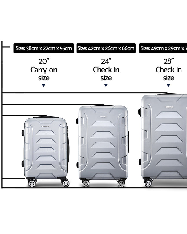 Wanderlite 3pc Luggage Trolley Travel Suitcase Set TSA Hard Case Shell Strap Silver