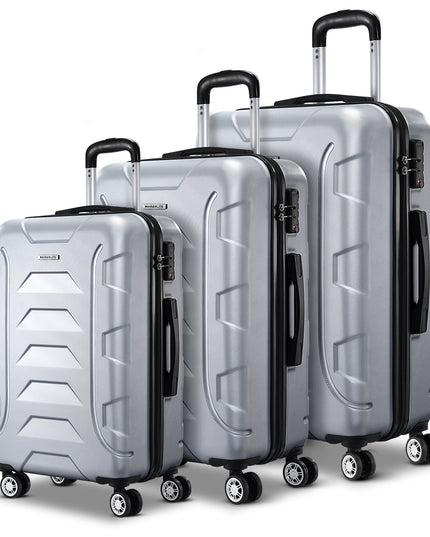 Wanderlite 3pc Luggage Trolley Travel Suitcase Set TSA Hard Case Shell Strap Silver