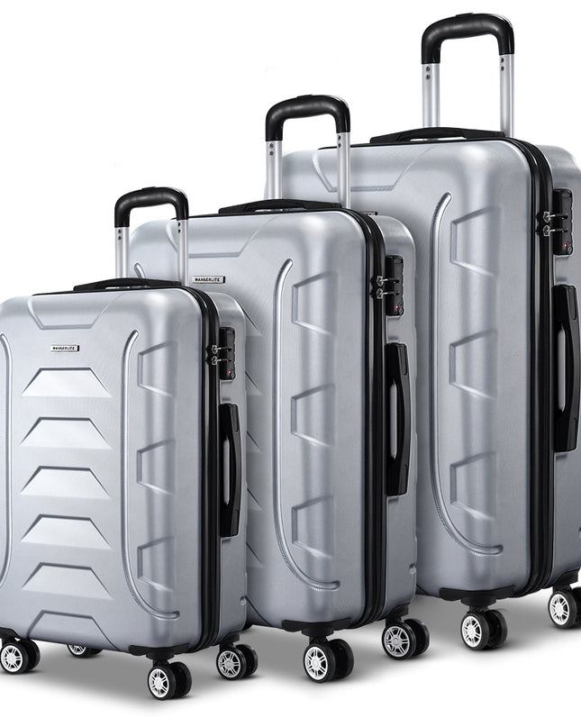 Wanderlite 3pc Luggage Trolley Travel Suitcase Set TSA Hard Case Shell Strap Silver