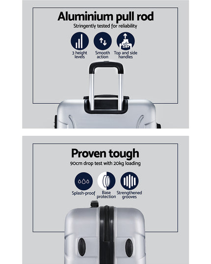Wanderlite 3pc Luggage Trolley Travel Suitcase Set TSA Hard Case Shell Strap Silver