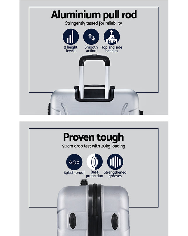 Wanderlite 3pc Luggage Trolley Travel Suitcase Set TSA Hard Case Shell Strap Silver