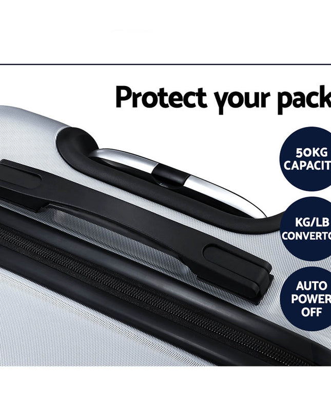 Wanderlite 3pc Luggage Trolley Travel Suitcase Set TSA Hard Case Shell Strap Silver