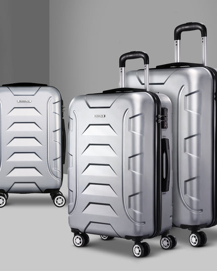 Wanderlite 3pc Luggage Trolley Travel Suitcase Set TSA Hard Case Shell Strap Silver
