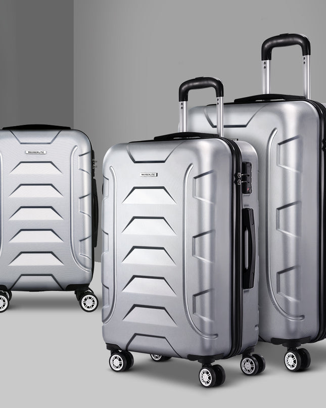 Wanderlite 3pc Luggage Trolley Travel Suitcase Set TSA Hard Case Shell Strap Silver