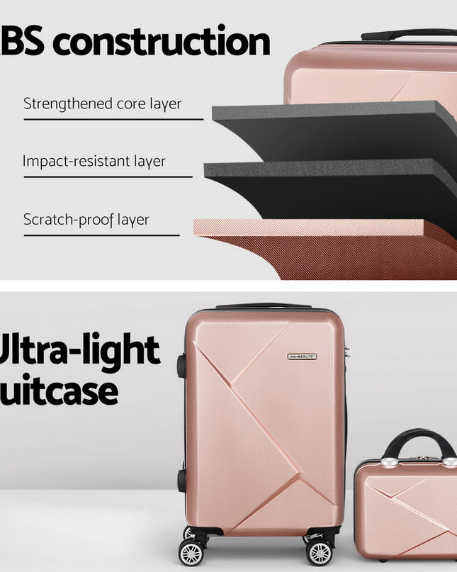 Wanderlite 2pc Luggage 12" 20" Trolley Travel Suitcase Storage Carry On TSA Lock Rose Gold