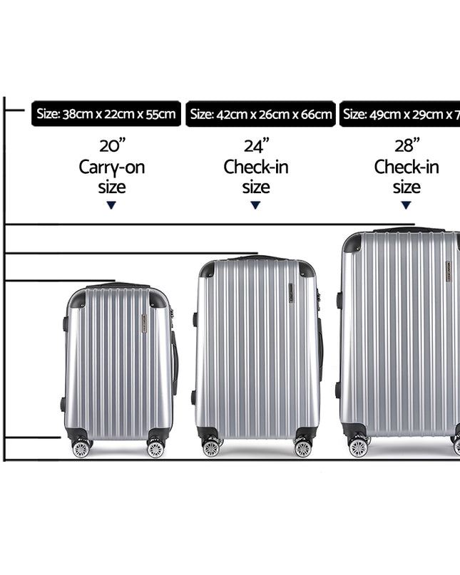 Wanderlite 3pc Luggage Trolley Travel Set Suitcase Carry On TSA Lock Hard Case Lightweight Silver