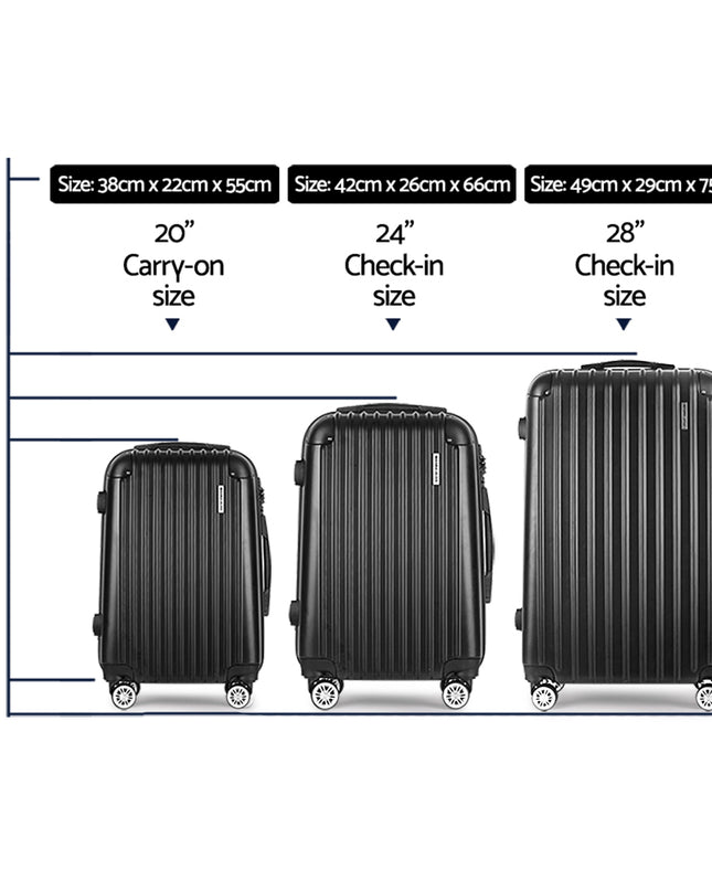 Wanderlite Luggage Set 3pc 20" 24" 28" Suitcase Hardcase Trolley Travel Black