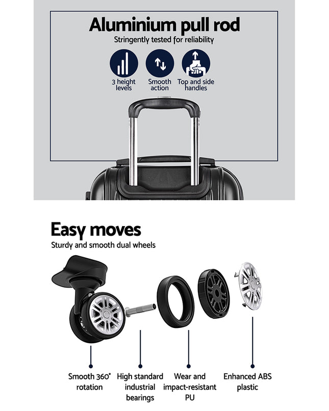 Wanderlite Luggage Set 3pc 20" 24" 28" Suitcase Hardcase Trolley Travel Black