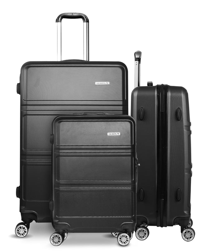 Wanderlite 3pc Luggage Trolley Set Suitcase Travel TSA Carry On Hard Case Lightweight Black