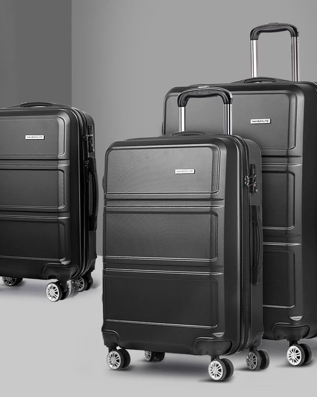 Wanderlite 3pc Luggage Trolley Set Suitcase Travel TSA Carry On Hard Case Lightweight Black