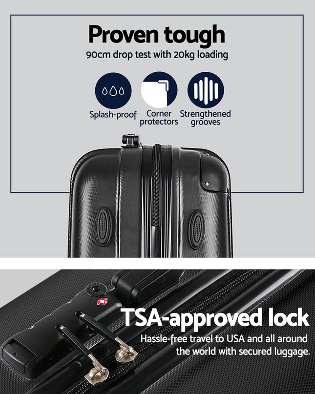 Wanderlite 3pcs LuggageTrolley Set Travel Suitcase Storage Organiser Carry On Hard Case TSA Lightweight Black