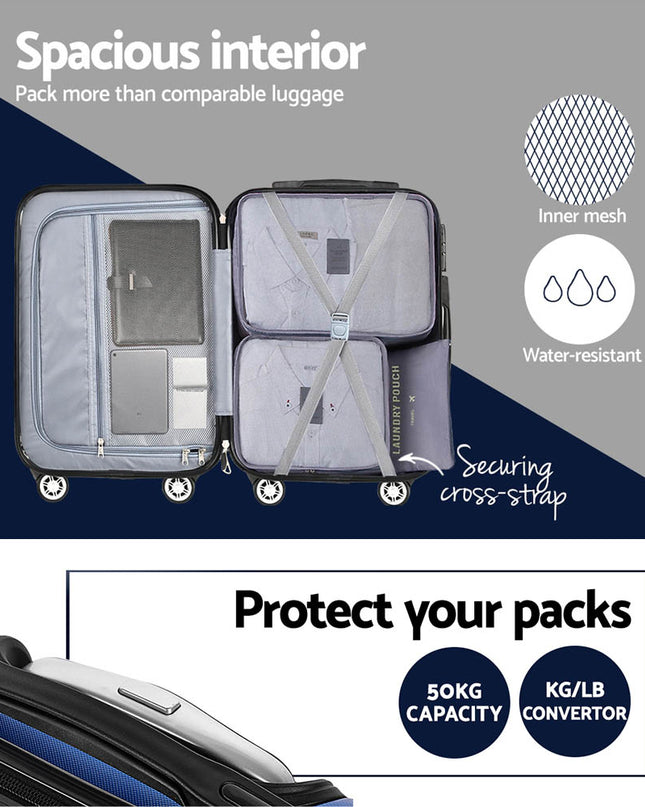 Wanderlite 3pcs LuggageTrolley Set Travel Suitcase Storage Organiser Carry On Hard Case TSA Lightweight Blue