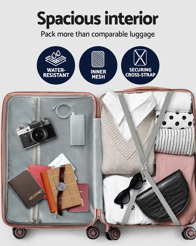 Wanderlite 3pc Luggage Trolley Set Suitcase Travel TSA Hard Case Carry On Pink Lightweight