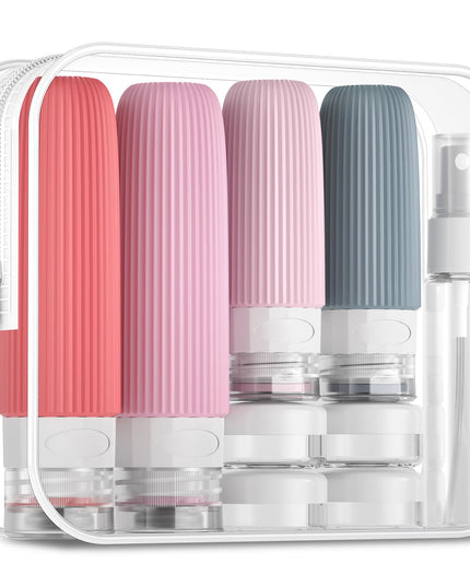 16-Piece Travel Bottle Set with Leak-Proof Silicone Squeeze Bottles – Reusable Toiletry Containers for Shampoo, Lotion, Makeup Remover (Pink)  | Other Colors Available in Store