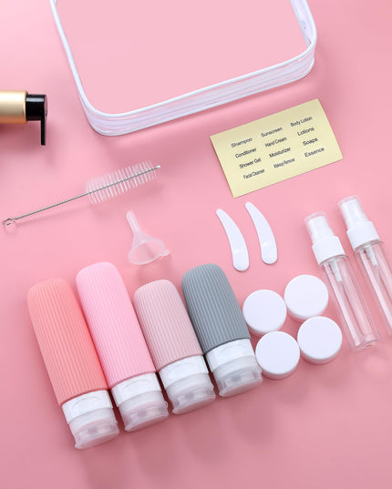 16-Piece Travel Bottle Set with Leak-Proof Silicone Squeeze Bottles – Reusable Toiletry Containers for Shampoo, Lotion, Makeup Remover (Pink)  | Other Colors Available in Store