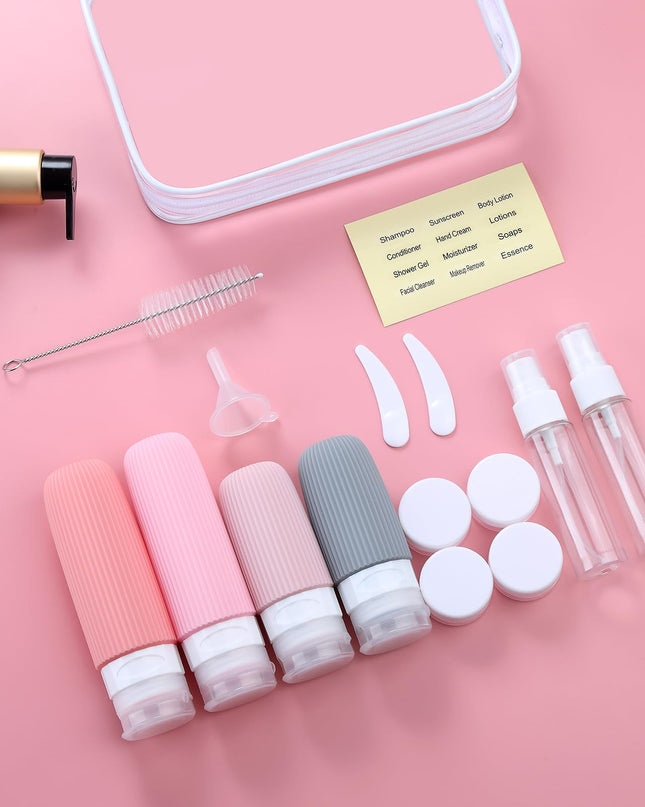 16-Piece Travel Bottle Set with Leak-Proof Silicone Squeeze Bottles – Reusable Toiletry Containers for Shampoo, Lotion, Makeup Remover (Pink)  | Other Colors Available in Store