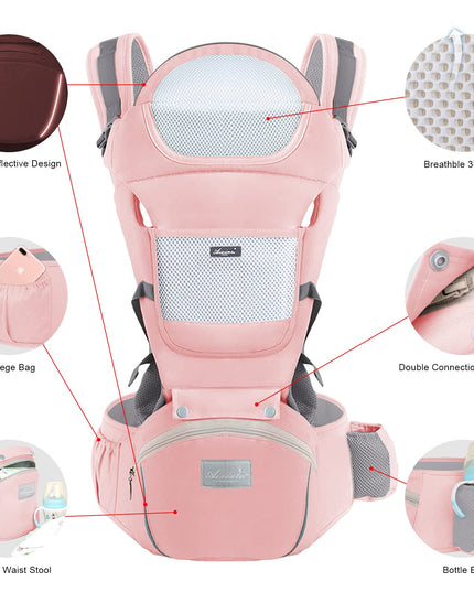 6-in-1 Adjustable Baby Carrier with Hip Seat – 11.8–15.7in Adjustable Height, Breathable Mesh & Multi-Position Carry for Newborn to 36 Months (Pink)