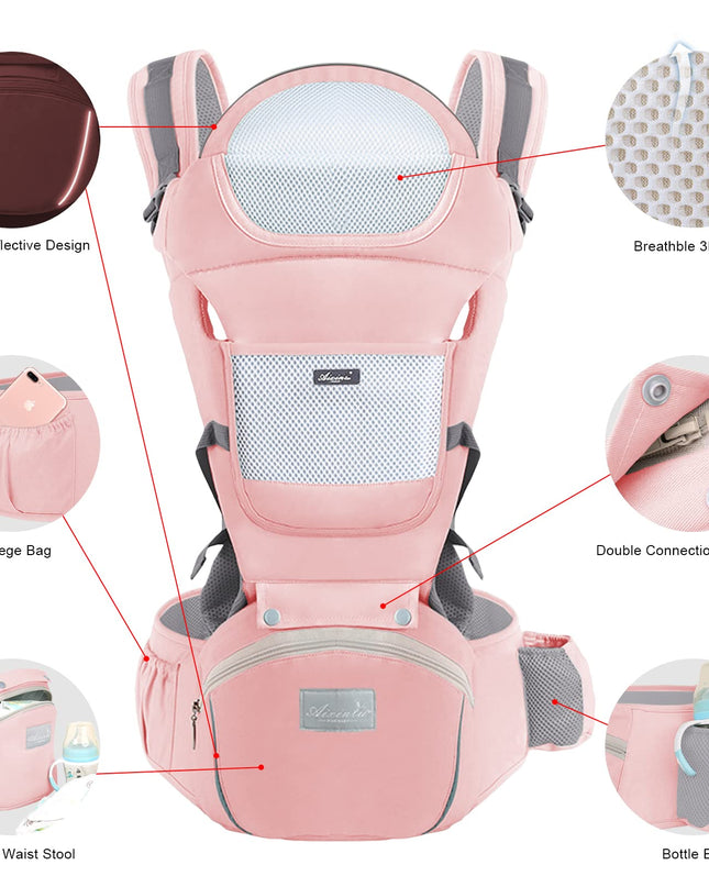 6-in-1 Adjustable Baby Carrier with Hip Seat – 11.8–15.7in Adjustable Height, Breathable Mesh & Multi-Position Carry for Newborn to 36 Months (Pink)