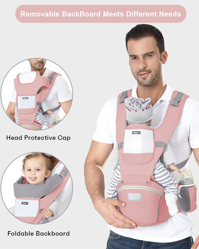 6-in-1 Adjustable Baby Carrier with Hip Seat – 11.8–15.7in Adjustable Height, Breathable Mesh & Multi-Position Carry for Newborn to 36 Months (Pink)