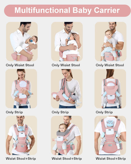 6-in-1 Adjustable Baby Carrier with Hip Seat – 11.8–15.7in Adjustable Height, Breathable Mesh & Multi-Position Carry for Newborn to 36 Months (Pink)