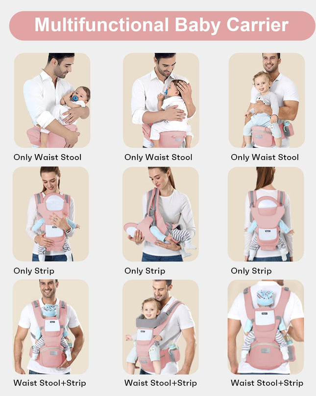 6-in-1 Adjustable Baby Carrier with Hip Seat – 11.8–15.7in Adjustable Height, Breathable Mesh & Multi-Position Carry for Newborn to 36 Months (Pink)