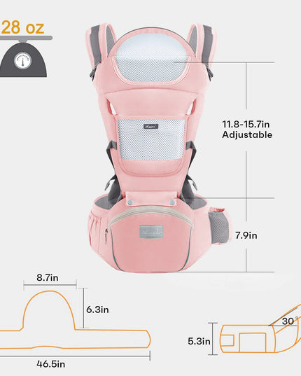6-in-1 Adjustable Baby Carrier with Hip Seat – 11.8–15.7in Adjustable Height, Breathable Mesh & Multi-Position Carry for Newborn to 36 Months (Pink)