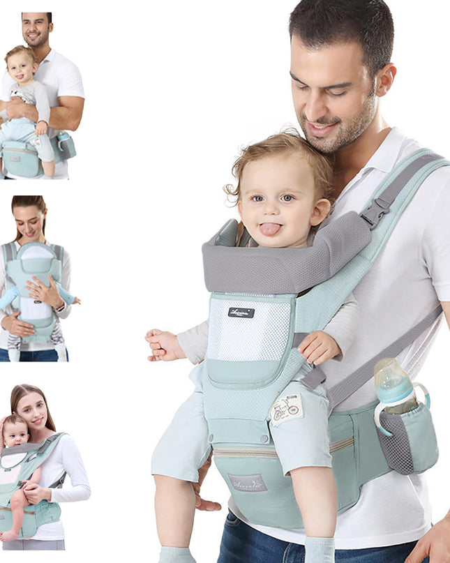 6-in-1 Adjustable Baby Carrier with Hip Seat – 11.8–15.7in Adjustable Height, Breathable Mesh & Multi-Position Carry for Newborn to 36 Months (Green)