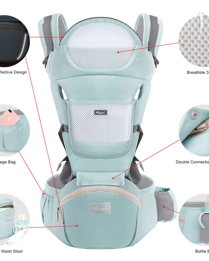 6-in-1 Adjustable Baby Carrier with Hip Seat – 11.8–15.7in Adjustable Height, Breathable Mesh & Multi-Position Carry for Newborn to 36 Months (Green)