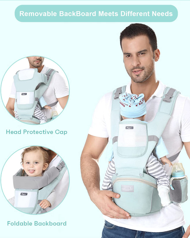 6-in-1 Adjustable Baby Carrier with Hip Seat – 11.8–15.7in Adjustable Height, Breathable Mesh & Multi-Position Carry for Newborn to 36 Months (Green)