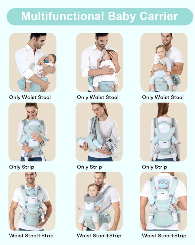 6-in-1 Adjustable Baby Carrier with Hip Seat – 11.8–15.7in Adjustable Height, Breathable Mesh & Multi-Position Carry for Newborn to 36 Months (Green)