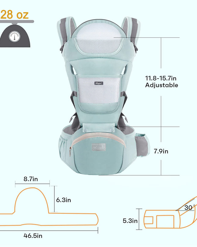 6-in-1 Adjustable Baby Carrier with Hip Seat – 11.8–15.7in Adjustable Height, Breathable Mesh & Multi-Position Carry for Newborn to 36 Months (Green)