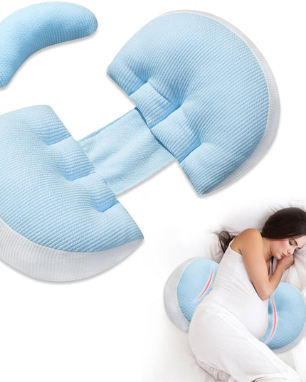 Adjustable Pregnancy Pillow with Velcro Design – Side Sleeping Support for Back, Belly, Hips & Legs, Travel-Friendly Maternity Pillow with Bonus Auxiliary Pillow(Blue)