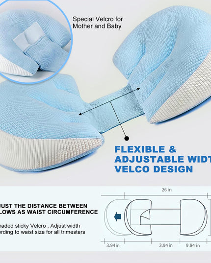 Adjustable Pregnancy Pillow with Velcro Design – Side Sleeping Support for Back, Belly, Hips & Legs, Travel-Friendly Maternity Pillow with Bonus Auxiliary Pillow(Blue)