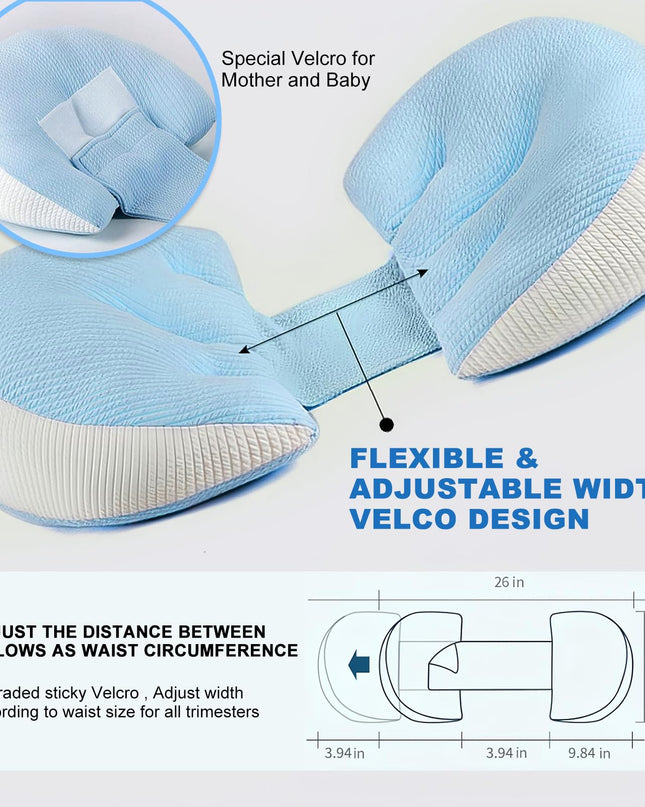 Adjustable Pregnancy Pillow with Velcro Design – Side Sleeping Support for Back, Belly, Hips & Legs, Travel-Friendly Maternity Pillow with Bonus Auxiliary Pillow(Blue)