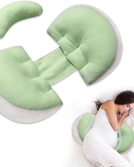 Adjustable Pregnancy Pillow with Velcro Design – Side Sleeping Support for Back, Belly, Hips & Legs, Travel-Friendly Maternity Pillow with Bonus Auxiliary Pillow(Green)