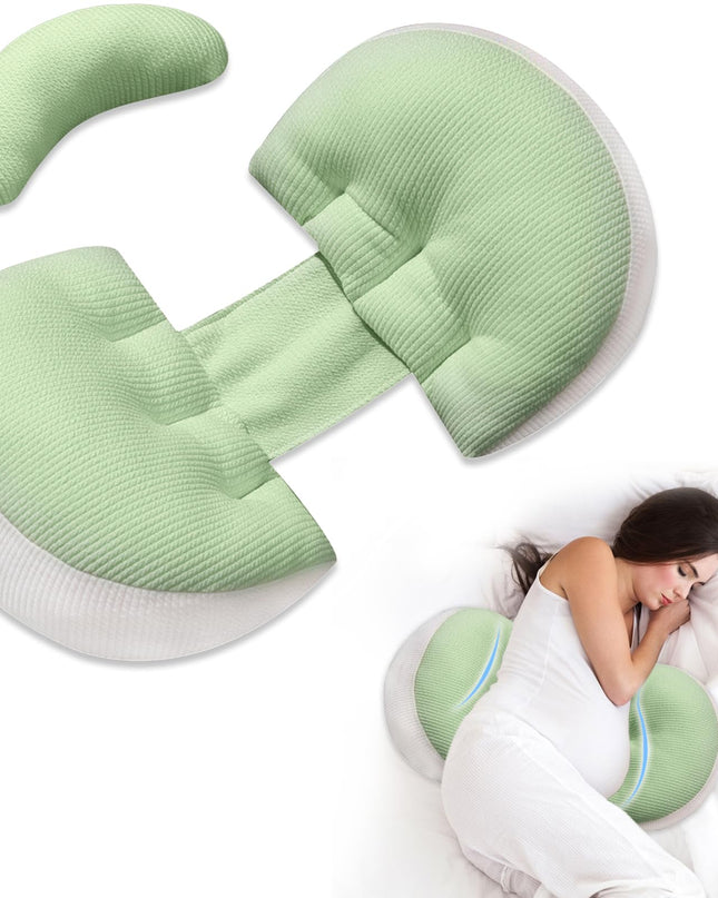 Adjustable Pregnancy Pillow with Velcro Design – Side Sleeping Support for Back, Belly, Hips & Legs, Travel-Friendly Maternity Pillow with Bonus Auxiliary Pillow(Green)
