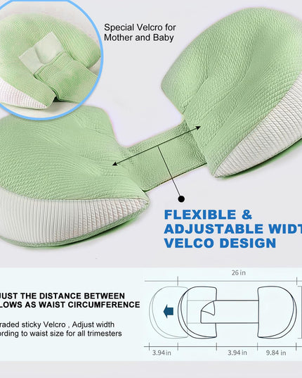Adjustable Pregnancy Pillow with Velcro Design – Side Sleeping Support for Back, Belly, Hips & Legs, Travel-Friendly Maternity Pillow with Bonus Auxiliary Pillow(Green)
