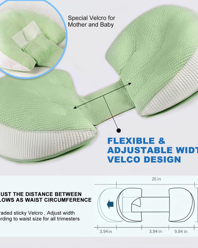 Adjustable Pregnancy Pillow with Velcro Design – Side Sleeping Support for Back, Belly, Hips & Legs, Travel-Friendly Maternity Pillow with Bonus Auxiliary Pillow(Green)