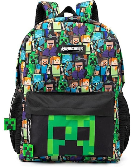 Minecraft Backpack for Boys | Black School Bag for Kids | Green Creeper Zombie Skeleton Enderman & Cave Spider-max