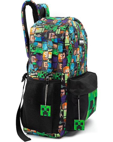 Minecraft Backpack for Boys | Black School Bag for Kids | Green Creeper Zombie Skeleton Enderman & Cave Spider-max