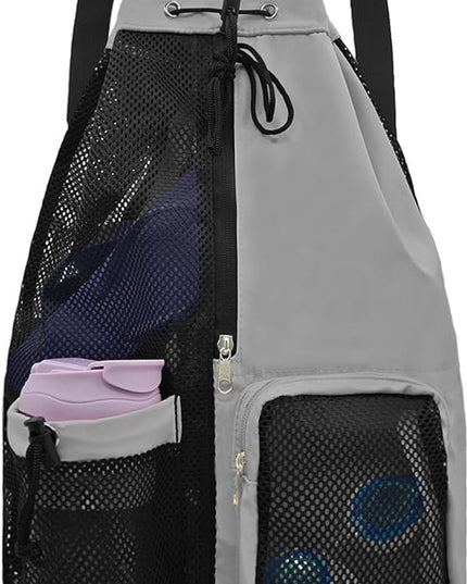Backpack - Sports Bag - Travel Bag - Training Bag - Swimming Bag - 30*15*45cm - Mesh Material - Drawstring Design - Side Storage Space - Unisex - Suitable for Fitness, Swimming, Travel, Dancing, Camping（Gray）