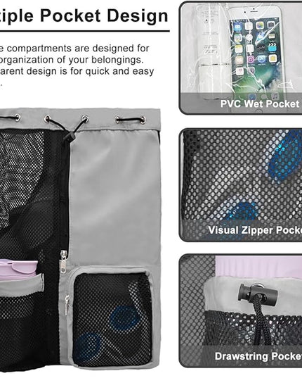 Backpack - Sports Bag - Travel Bag - Training Bag - Swimming Bag - 30*15*45cm - Mesh Material - Drawstring Design - Side Storage Space - Unisex - Suitable for Fitness, Swimming, Travel, Dancing, Camping（Gray）