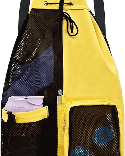 Backpack - Sports Bag - Travel Bag - Training Bag - Swimming Bag - 30*15*45cm - Mesh Material - Drawstring Design - Side Storage Space - Unisex - Suitable for Fitness, Swimming, Travel, Dancing, Camping（Yellow）