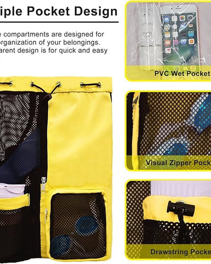 Backpack - Sports Bag - Travel Bag - Training Bag - Swimming Bag - 30*15*45cm - Mesh Material - Drawstring Design - Side Storage Space - Unisex - Suitable for Fitness, Swimming, Travel, Dancing, Camping（Yellow）