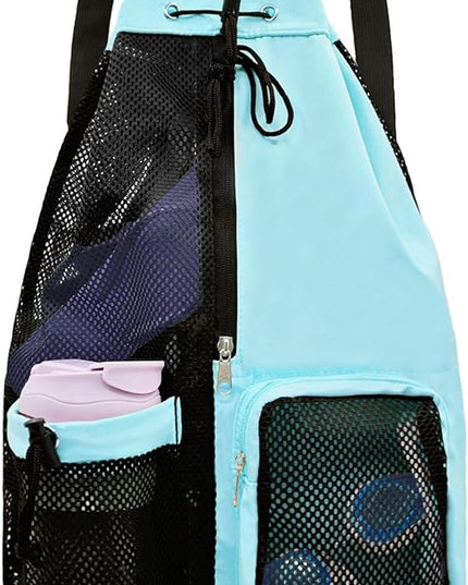 Backpack - Sports Bag - Travel Bag - Training Bag - Swimming Bag - 30*15*45cm - Mesh Material - Drawstring Design - Side Storage Space - Unisex - Suitable for Fitness, Swimming, Travel, Dancing, Camping（Blue）