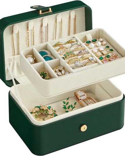 Travel Jewelry Case - 2 Layers with Velvet & Detachable Compartments - For Necklaces, Earrings & Bracelets - Green